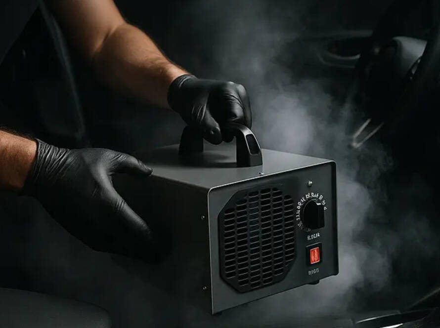 Tecnico effettua sanificazione con ozono all&rsquo;interno di un&rsquo;auto moderna usando un generatore professionale